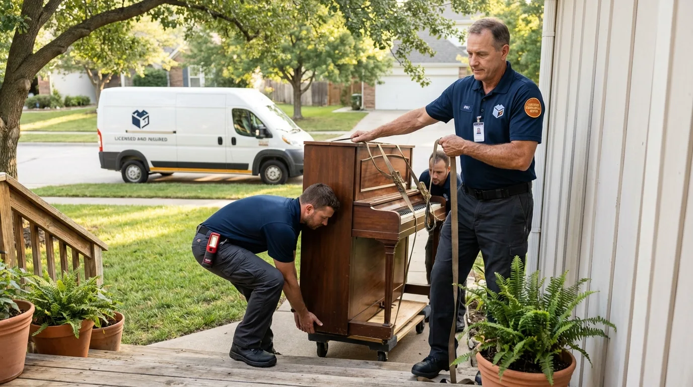 Licensed piano movers securing grand piano in Central, SC
