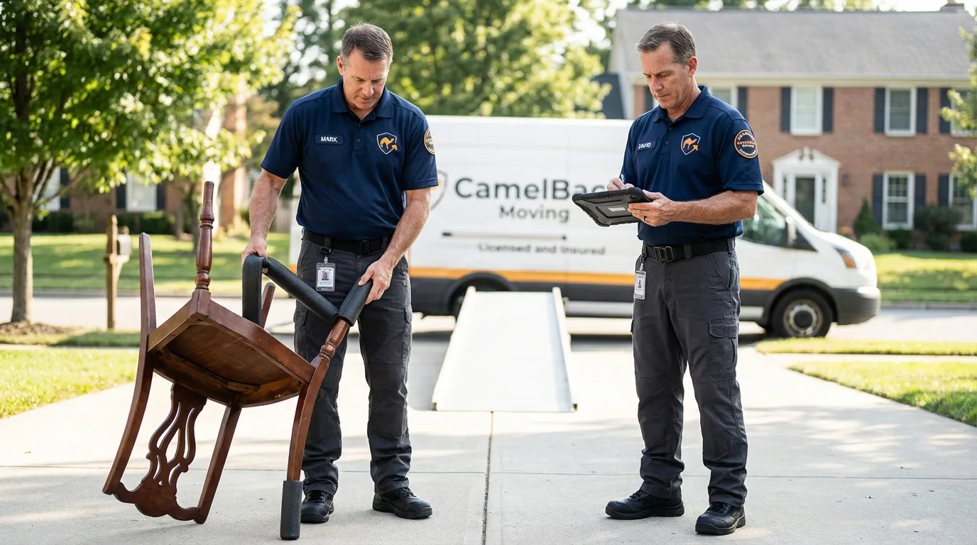Movers inspecting furniture for damage prevention before loading in Central, SC