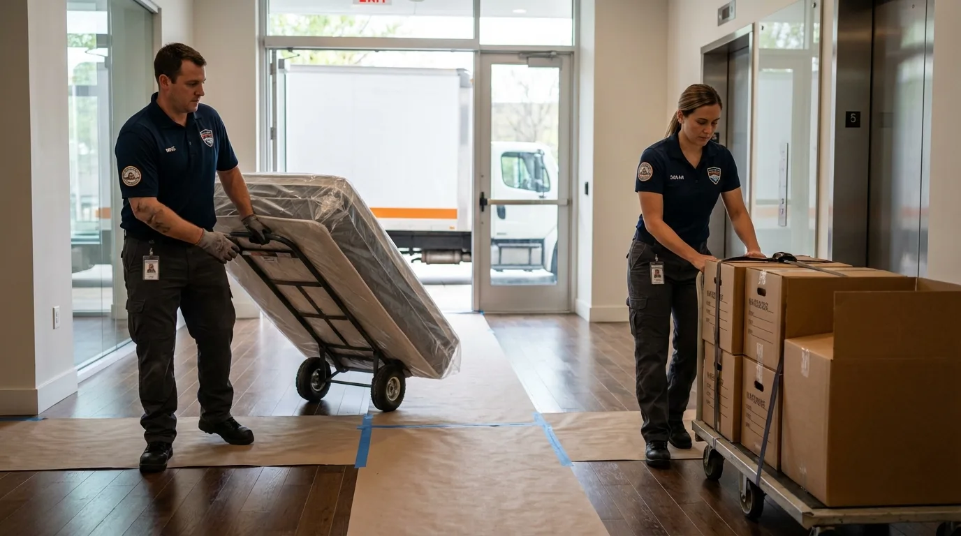 Professional apartment movers loading elevator in Central, SC